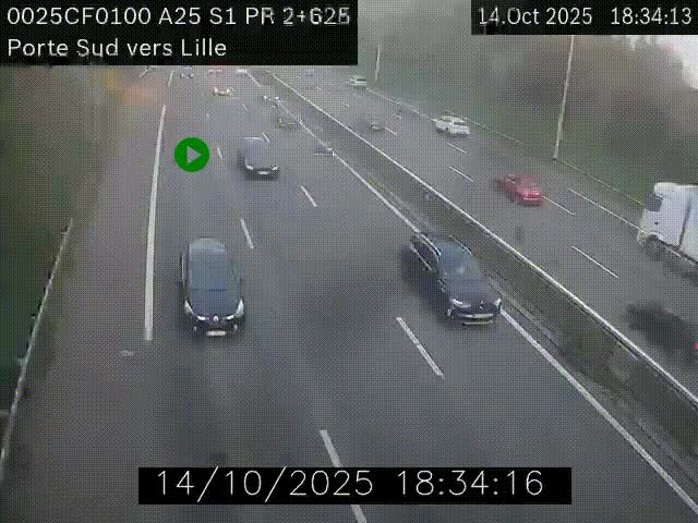Webcam autoroute A25 sur le périphérique de Lille à hauteur de Lille-Sud et la sortie 3 Faches-Thumesnil. Vue orientée vers Lille-Centre.