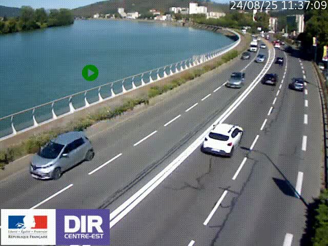 Webcam sur le quai Parjot à Vienne, aux Portes de Lyon, sur la Nationale 7, à la jonction avec le boulevard du Rhône-nord (D1407), caméra orientée vers Lyon