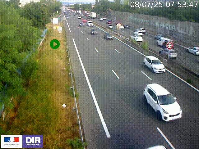 Webcam à Bron sur l'A43 à la jonction avec le boulevard périphérique de Lyon (D383). Vue orientée vers Lyon