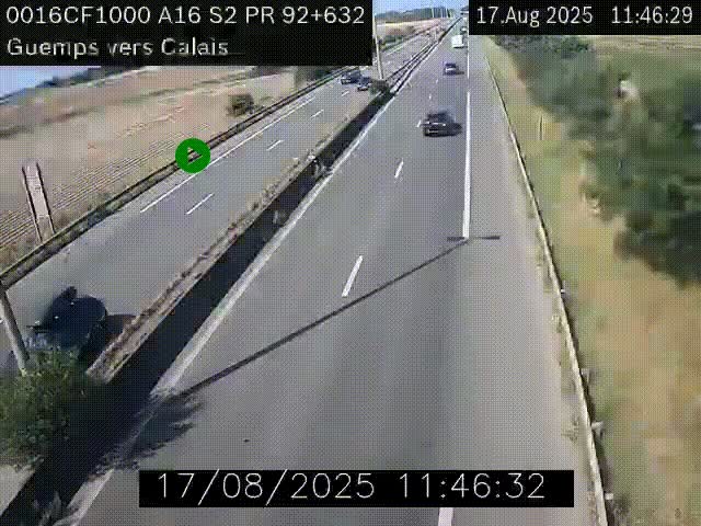 Webcam A16 juste après l'aire de repos d'Offekerque à Guemps. Vue orientée vers Calais