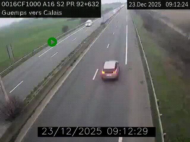 Webcam A16 juste après l'aire de repos d'Offekerque à Guemps. Vue orientée vers Calais