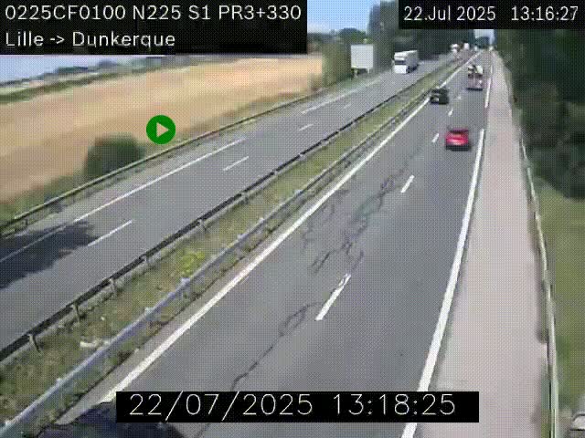 Webcam autoroute A25 (N225) à hauteur de Bergues (Bierne). Vue orientée vers Dunkerque.