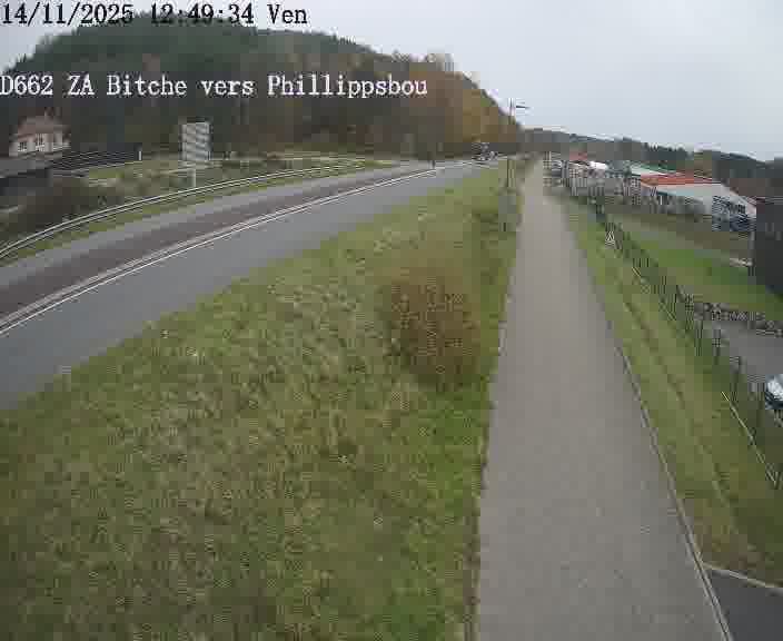 Caméra de trafic sur D662 (France) à Bitche, orientée vers Phillippsbourg, permettant d’évaluer fluidité, incidents et densité automobile.