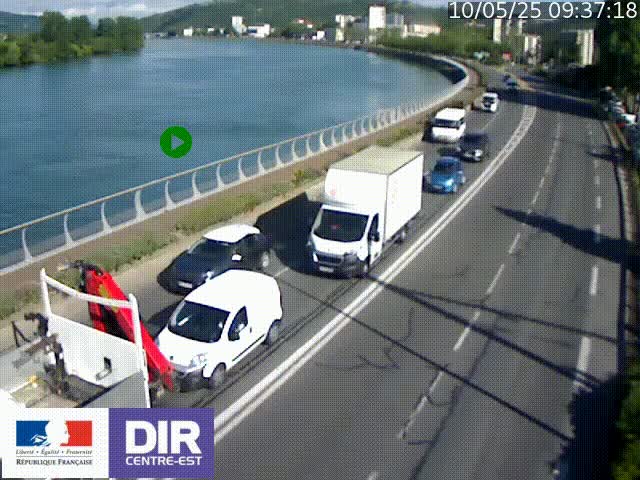 Webcam sur le quai Parjot à Vienne, aux Portes de Lyon, sur la Nationale 7, à la jonction avec le boulevard du Rhône-nord (D1407), caméra orientée vers Lyon
