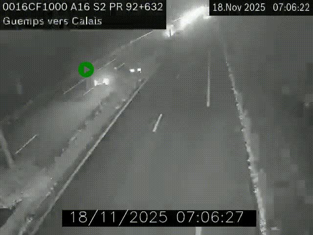 Webcam A16 juste après l'aire de repos d'Offekerque à Guemps. Vue orientée vers Calais