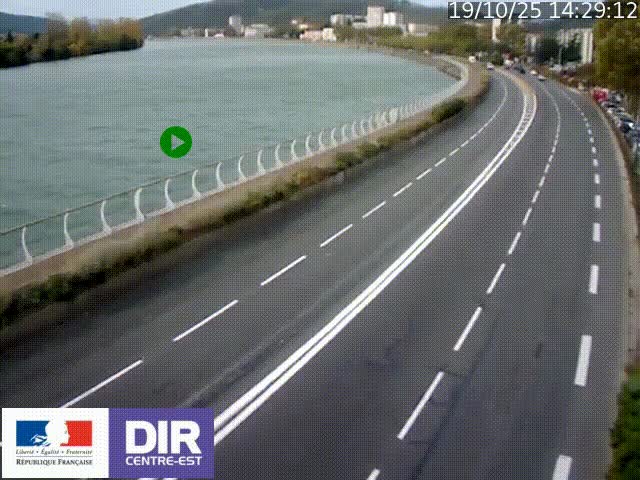 Webcam sur le quai Parjot à Vienne, aux Portes de Lyon, sur la Nationale 7, à la jonction avec le boulevard du Rhône-nord (D1407), caméra orientée vers Lyon