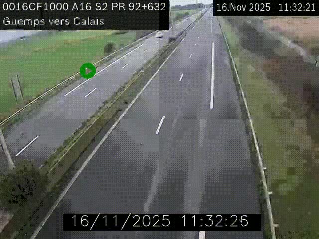 Webcam A16 juste après l'aire de repos d'Offekerque à Guemps. Vue orientée vers Calais