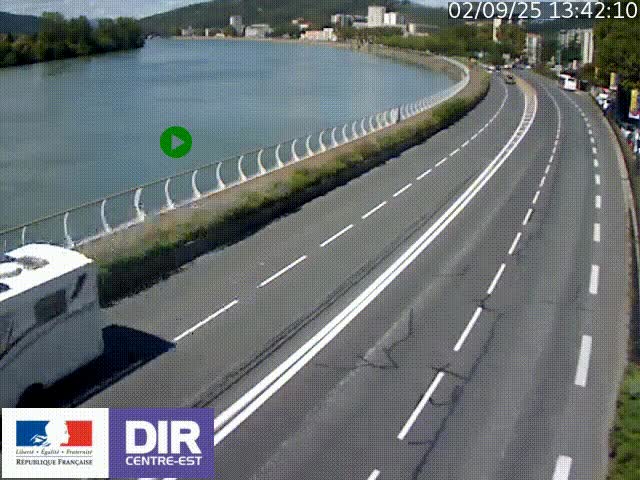 Webcam sur le quai Parjot à Vienne, aux Portes de Lyon, sur la Nationale 7, à la jonction avec le boulevard du Rhône-nord (D1407), caméra orientée vers Lyon
