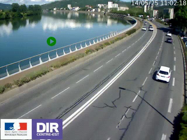 Webcam sur le quai Parjot à Vienne, aux Portes de Lyon, sur la Nationale 7, à la jonction avec le boulevard du Rhône-nord (D1407), caméra orientée vers Lyon
