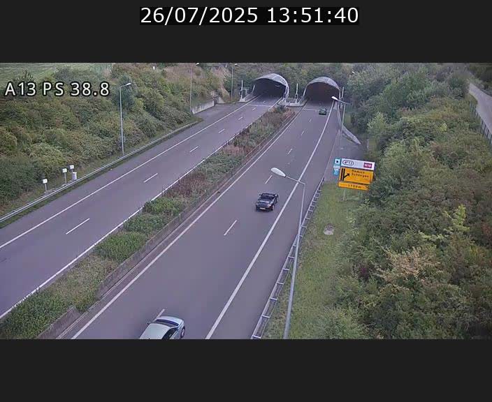 Webcam autoroute A13 à l'entrée ouest du tunnel Markusbierg à Schengen. Vue orientée vers Mondorf-les-Bains