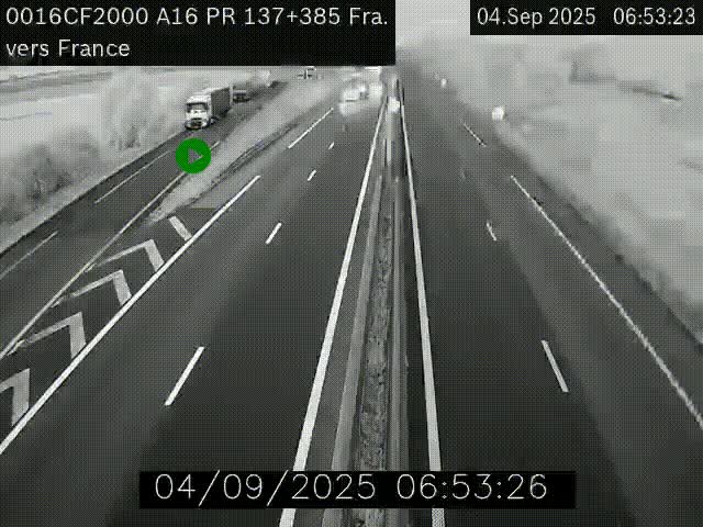 Webcam à la frontière franco-belge au niveau de Bray-Dunes/De-Panne sur l'autoroute A16. Vue orientée vers Calais