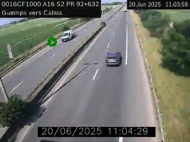 Webcam A16 juste après l'aire de repos d'Offekerque à Guemps. Vue orientée vers Calais