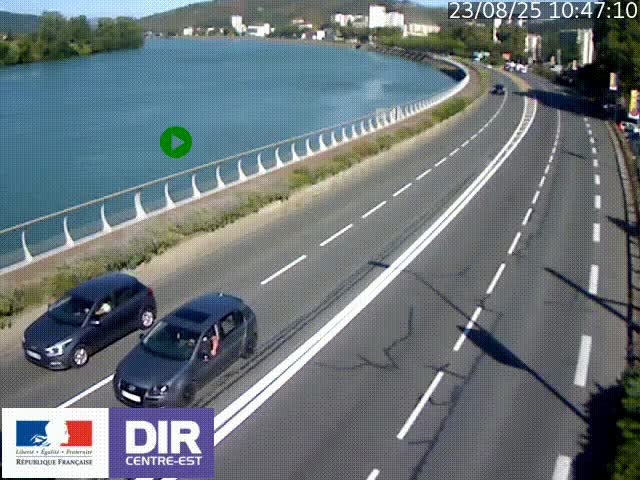 Webcam sur le quai Parjot à Vienne, aux Portes de Lyon, sur la Nationale 7, à la jonction avec le boulevard du Rhône-nord (D1407), caméra orientée vers Lyon