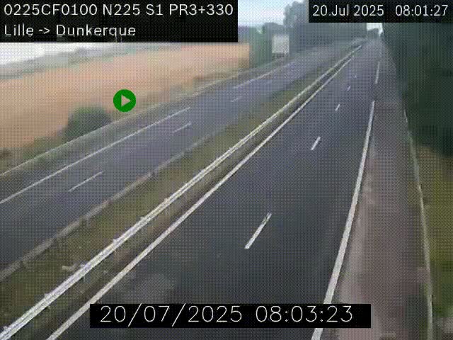 Webcam autoroute A25 (N225) à hauteur de Bergues (Bierne). Vue orientée vers Dunkerque.
