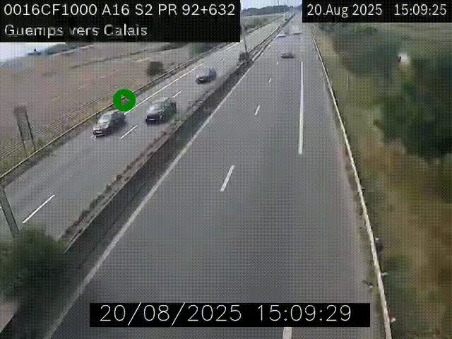 Webcam A16 juste après l'aire de repos d'Offekerque à Guemps. Vue orientée vers Calais