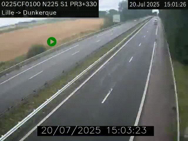 Webcam autoroute A25 (N225) à hauteur de Bergues (Bierne). Vue orientée vers Dunkerque.