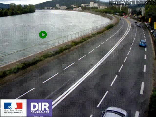 Webcam sur le quai Parjot à Vienne, aux Portes de Lyon, sur la Nationale 7, à la jonction avec le boulevard du Rhône-nord (D1407), caméra orientée vers Lyon