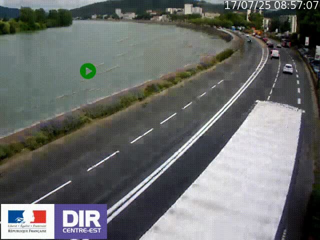 Webcam sur le quai Parjot à Vienne, aux Portes de Lyon, sur la Nationale 7, à la jonction avec le boulevard du Rhône-nord (D1407), caméra orientée vers Lyon