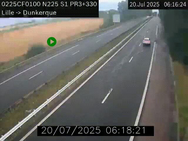 Webcam autoroute A25 (N225) à hauteur de Bergues (Bierne). Vue orientée vers Dunkerque.