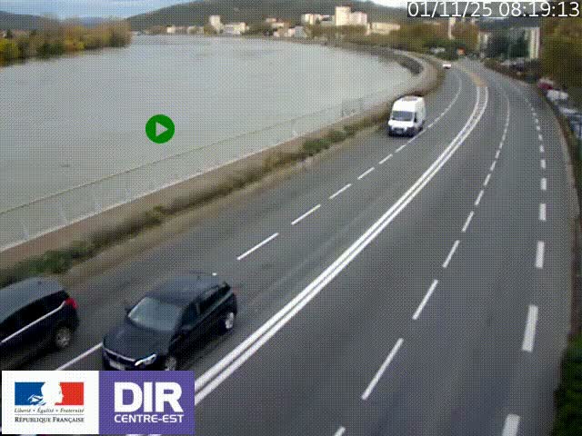 Webcam sur le quai Parjot à Vienne, aux Portes de Lyon, sur la Nationale 7, à la jonction avec le boulevard du Rhône-nord (D1407), caméra orientée vers Lyon