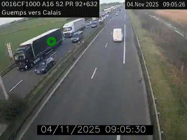 Webcam A16 juste après l'aire de repos d'Offekerque à Guemps. Vue orientée vers Calais