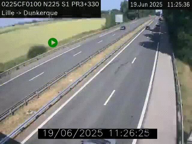 Webcam autoroute A25 (N225) à hauteur de Bergues (Bierne). Vue orientée vers Dunkerque.