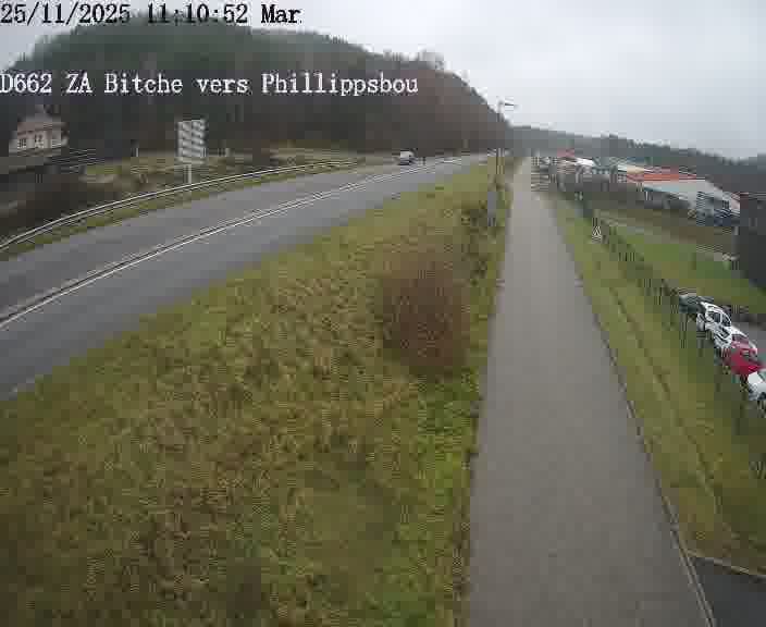 Caméra de trafic sur D662 (France) à Bitche, orientée vers Phillippsbourg, permettant d’évaluer fluidité, incidents et densité automobile.