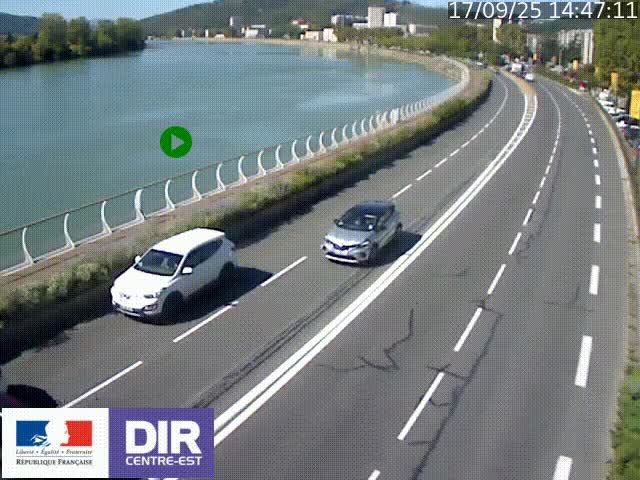 Webcam sur le quai Parjot à Vienne, aux Portes de Lyon, sur la Nationale 7, à la jonction avec le boulevard du Rhône-nord (D1407), caméra orientée vers Lyon