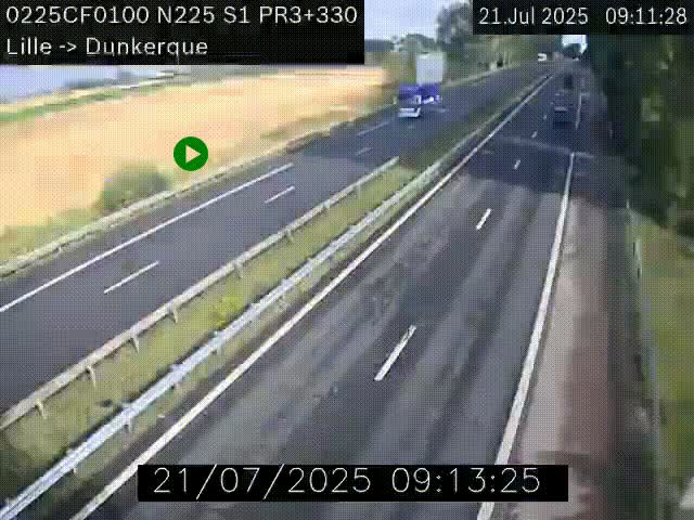 Webcam autoroute A25 (N225) à hauteur de Bergues (Bierne). Vue orientée vers Dunkerque.