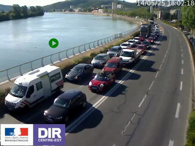 Webcam sur le quai Parjot à Vienne, aux Portes de Lyon, sur la Nationale 7, à la jonction avec le boulevard du Rhône-nord (D1407), caméra orientée vers Lyon