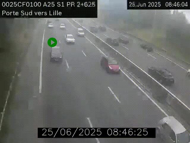 Webcam autoroute A25 sur le périphérique de Lille à hauteur de Lille-Sud et la sortie 3 Faches-Thumesnil. Vue orientée vers Lille-Centre.