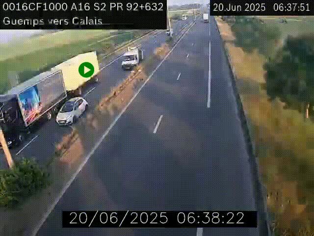 Webcam A16 juste après l'aire de repos d'Offekerque à Guemps. Vue orientée vers Calais