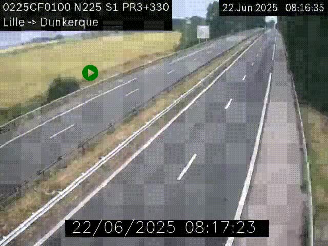 Webcam autoroute A25 (N225) à hauteur de Bergues (Bierne). Vue orientée vers Dunkerque.