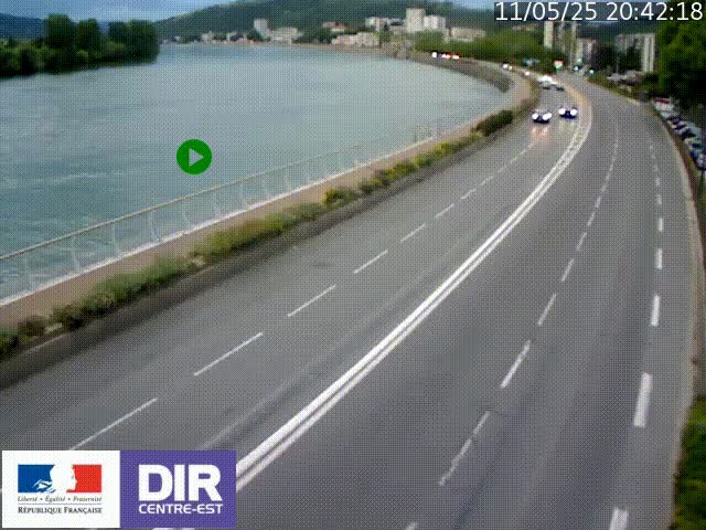 Webcam sur le quai Parjot à Vienne, aux Portes de Lyon, sur la Nationale 7, à la jonction avec le boulevard du Rhône-nord (D1407), caméra orientée vers Lyon