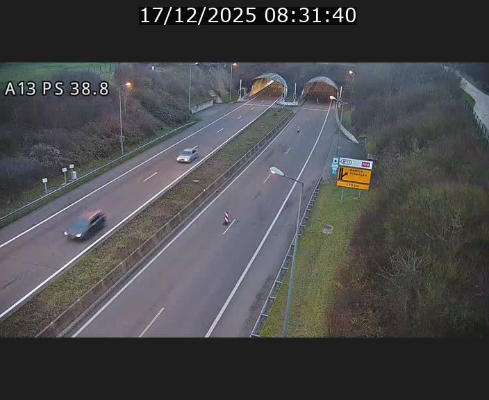 Webcam autoroute A13 à l'entrée ouest du tunnel Markusbierg à Schengen. Vue orientée vers Mondorf-les-Bains