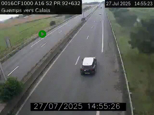 Webcam A16 juste après l'aire de repos d'Offekerque à Guemps. Vue orientée vers Calais