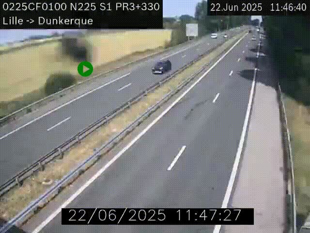Webcam autoroute A25 (N225) à hauteur de Bergues (Bierne). Vue orientée vers Dunkerque.