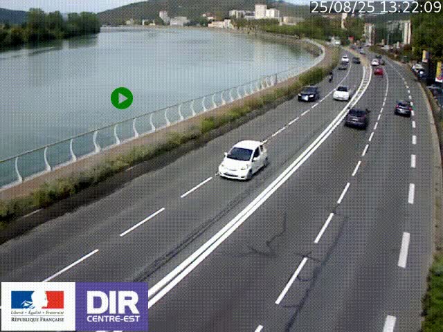 Webcam sur le quai Parjot à Vienne, aux Portes de Lyon, sur la Nationale 7, à la jonction avec le boulevard du Rhône-nord (D1407), caméra orientée vers Lyon