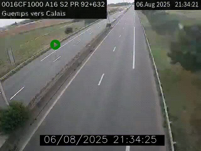 Webcam A16 juste après l'aire de repos d'Offekerque à Guemps. Vue orientée vers Calais