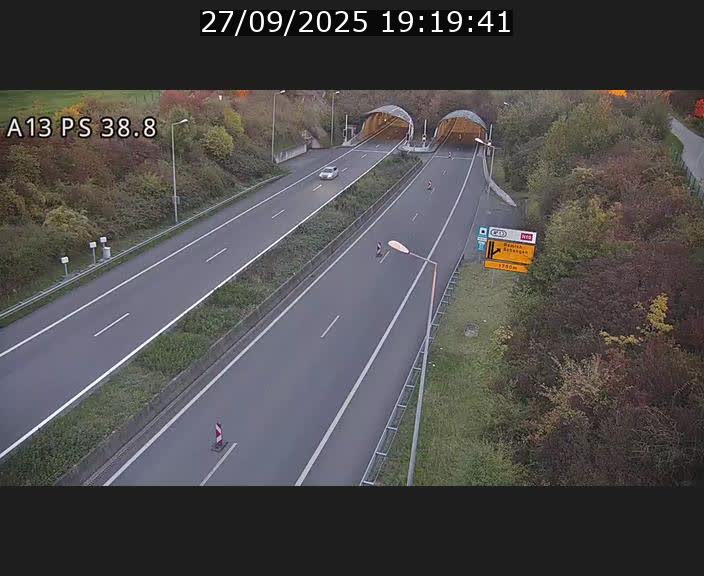 Webcam autoroute A13 à l'entrée ouest du tunnel Markusbierg à Schengen. Vue orientée vers Mondorf-les-Bains