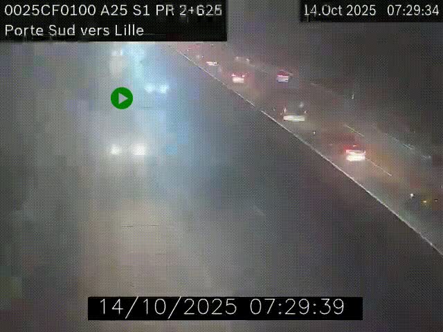 Webcam autoroute A25 sur le périphérique de Lille à hauteur de Lille-Sud et la sortie 3 Faches-Thumesnil. Vue orientée vers Lille-Centre.