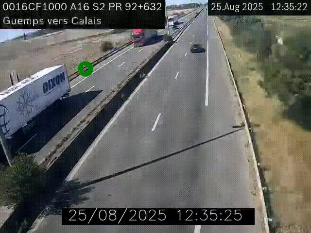Webcam A16 juste après l'aire de repos d'Offekerque à Guemps. Vue orientée vers Calais