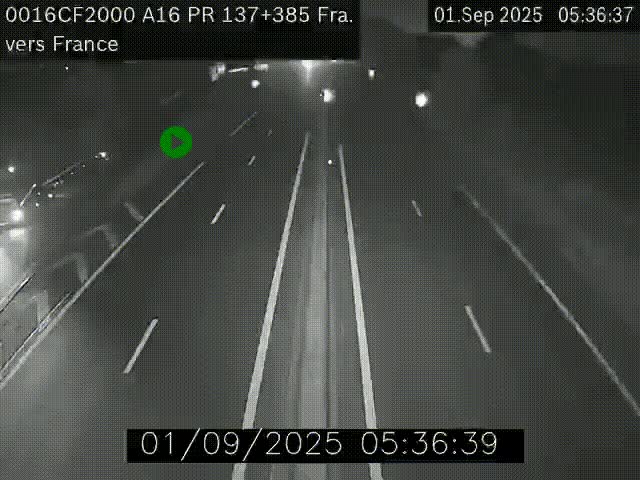 Webcam à la frontière franco-belge au niveau de Bray-Dunes/De-Panne sur l'autoroute A16. Vue orientée vers Calais