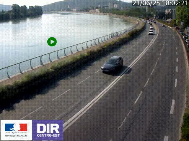 Webcam sur le quai Parjot à Vienne, aux Portes de Lyon, sur la Nationale 7, à la jonction avec le boulevard du Rhône-nord (D1407), caméra orientée vers Lyon