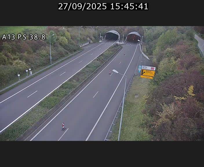 Webcam autoroute A13 à l'entrée ouest du tunnel Markusbierg à Schengen. Vue orientée vers Mondorf-les-Bains