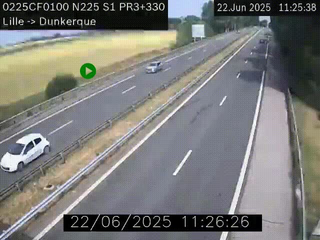 Webcam autoroute A25 (N225) à hauteur de Bergues (Bierne). Vue orientée vers Dunkerque.