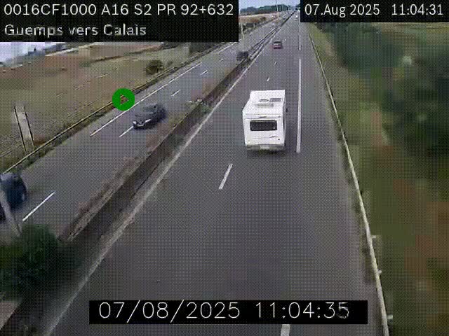 Webcam A16 juste après l'aire de repos d'Offekerque à Guemps. Vue orientée vers Calais