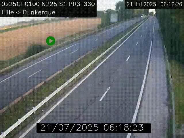 Webcam autoroute A25 (N225) à hauteur de Bergues (Bierne). Vue orientée vers Dunkerque.