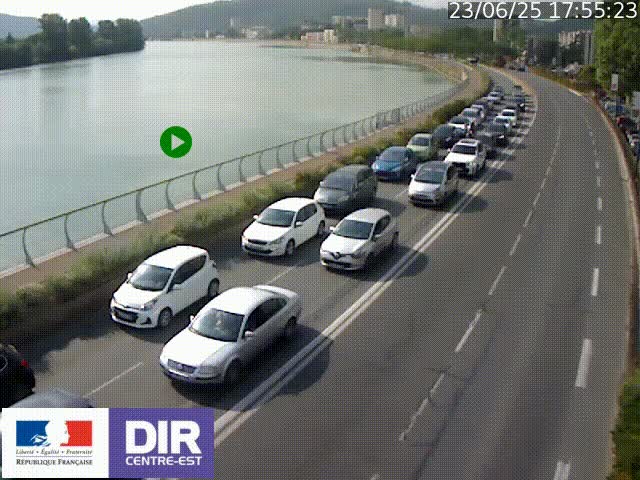 Webcam sur le quai Parjot à Vienne, aux Portes de Lyon, sur la Nationale 7, à la jonction avec le boulevard du Rhône-nord (D1407), caméra orientée vers Lyon
