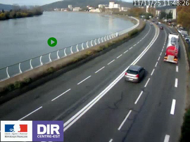Webcam sur le quai Parjot à Vienne, aux Portes de Lyon, sur la Nationale 7, à la jonction avec le boulevard du Rhône-nord (D1407), caméra orientée vers Lyon